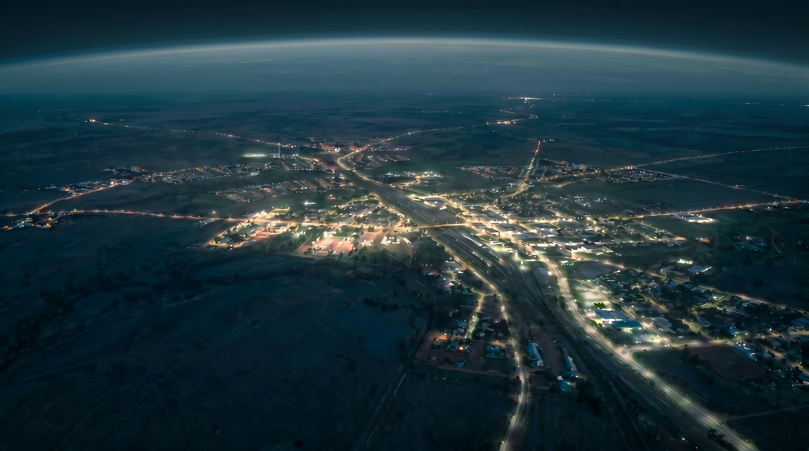 High-altitude night aerial of a national infrastructure landscape rendered in platinum and teal, with restrained champagne participation warmth in active project areas — participation becoming visible.